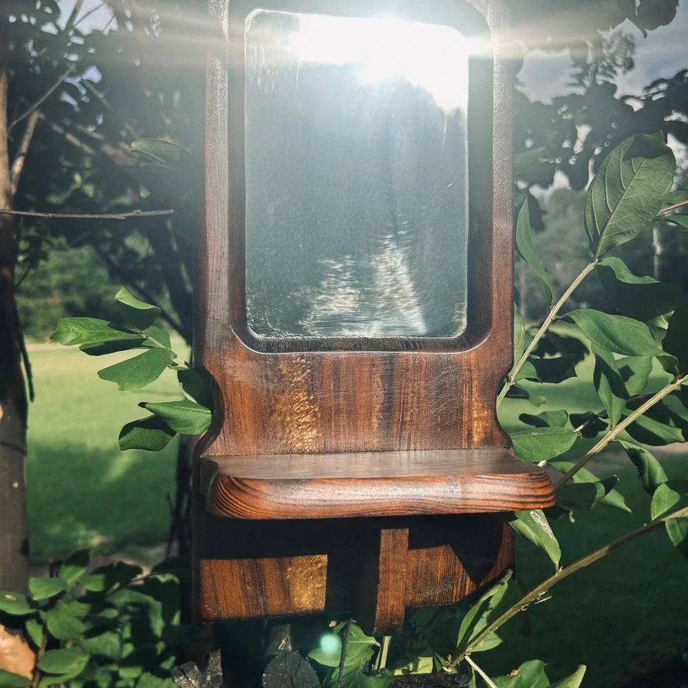Vtg Wood Mirror Wall Sconce 70s plant Candle Holder Boho Farmhouse mid century